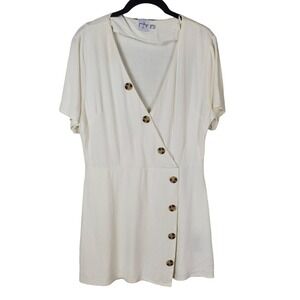 Polly Women Linen Blend Cream Faux Wrap Mini Dress Beach Everyday Size 12
